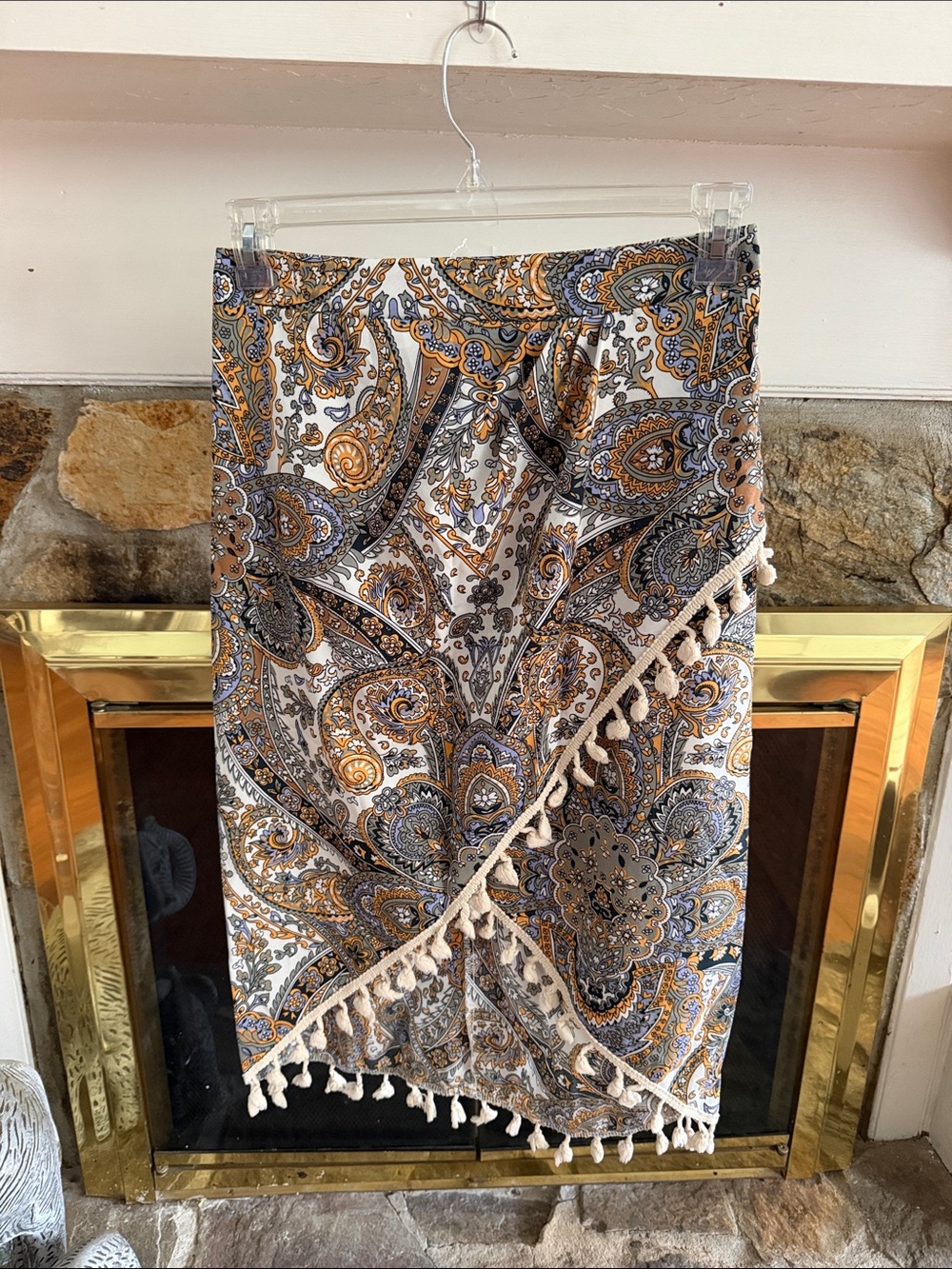 SHEIN White, Mustard & Navy Paisley Midi Skirt with Tassel Trim